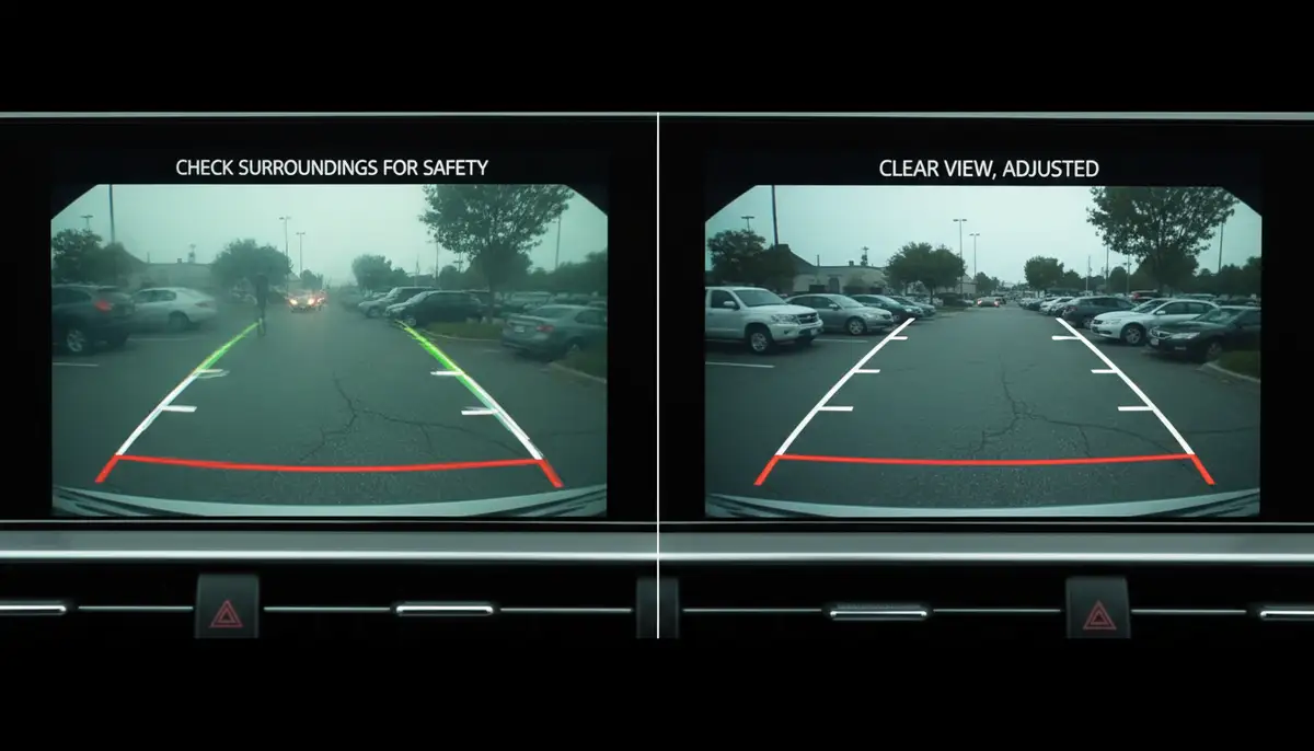 A split screen view: one side showing a blurry, poorly adjusted reverse camera feed, and the other side showing a crisp, well-calibrated feed with proper brightness and contrast, highlighting the difference settings make., high-quality photography, professional lighting, sharp focus, realistic, detailed