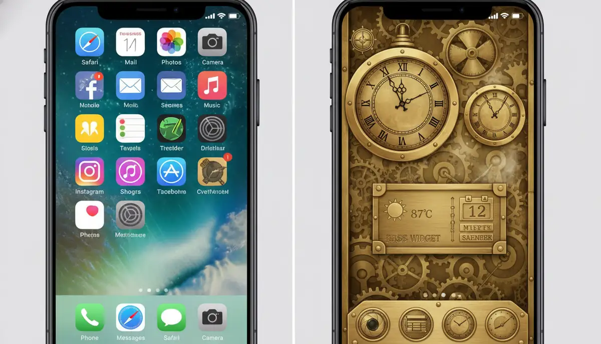 A split screen view, one side showing a default iOS home screen and the other side showing a highly customized home screen transformed by the Brass Widget App, emphasizing the 'before and after' effect., high-quality photography, professional lighting, sharp focus, realistic, detailed