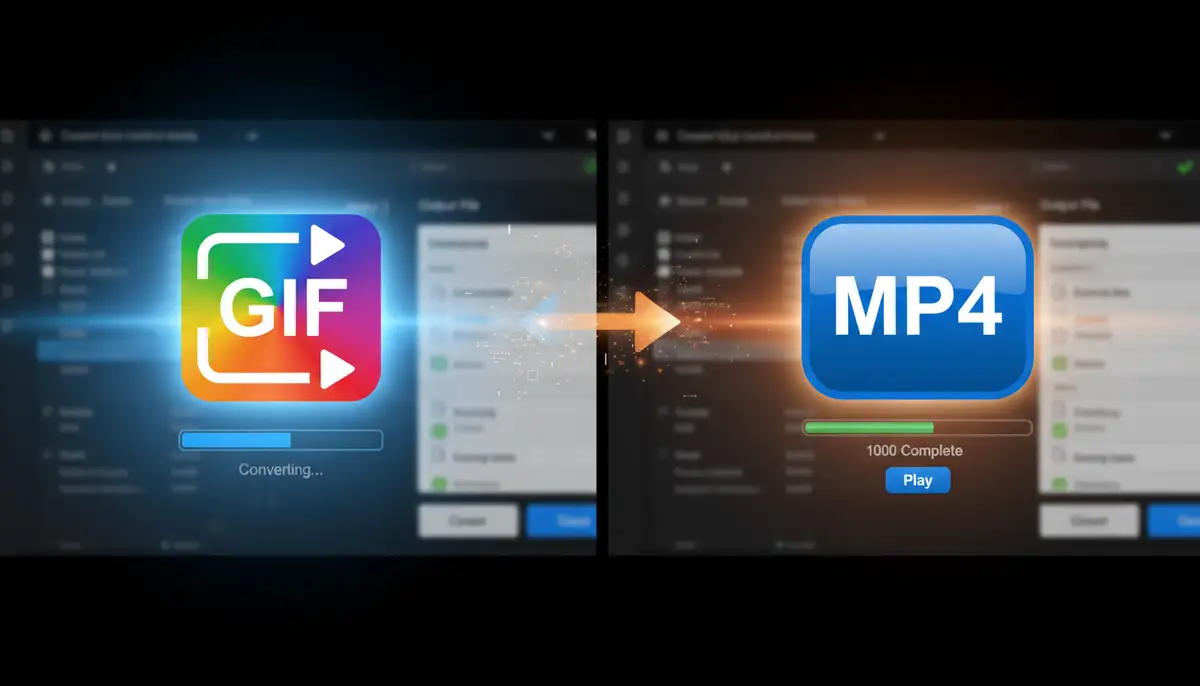 A split-screen image showing a GIF file icon transforming into an MP4 video file icon, with conversion software interface elements in the background, illustrating the conversion process., high-quality photography, professional lighting, sharp focus, realistic, detailed