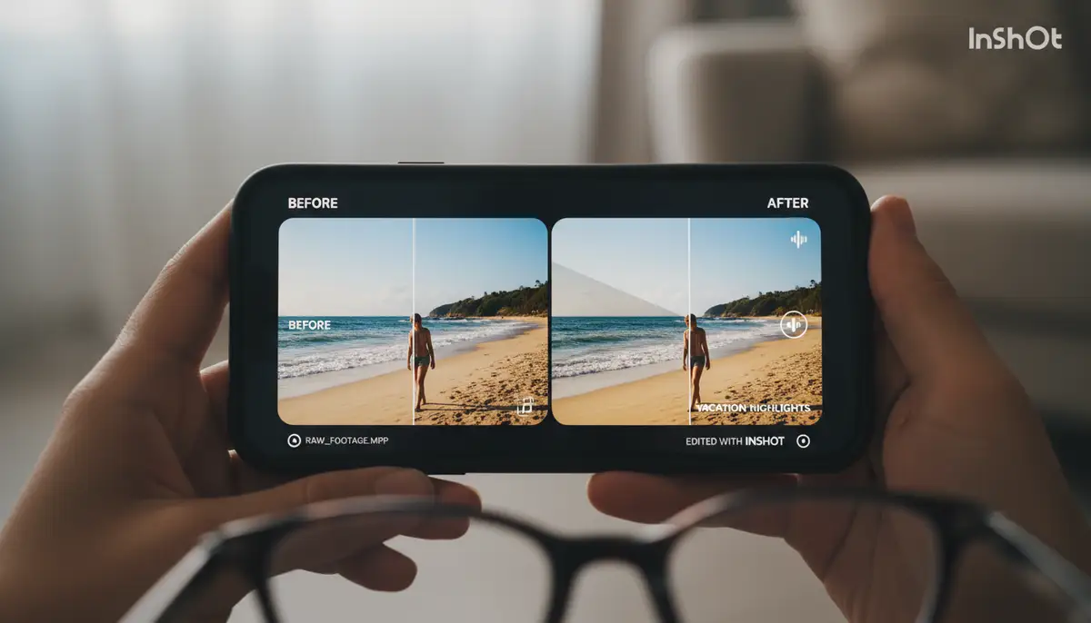 A split-screen view on a smartphone showing before-and-after of a video edited with the InShot video editing app. One side is raw footage, the other is a polished, color-graded clip with music and transitions., high-quality photography, professional lighting, sharp focus, realistic, detailed