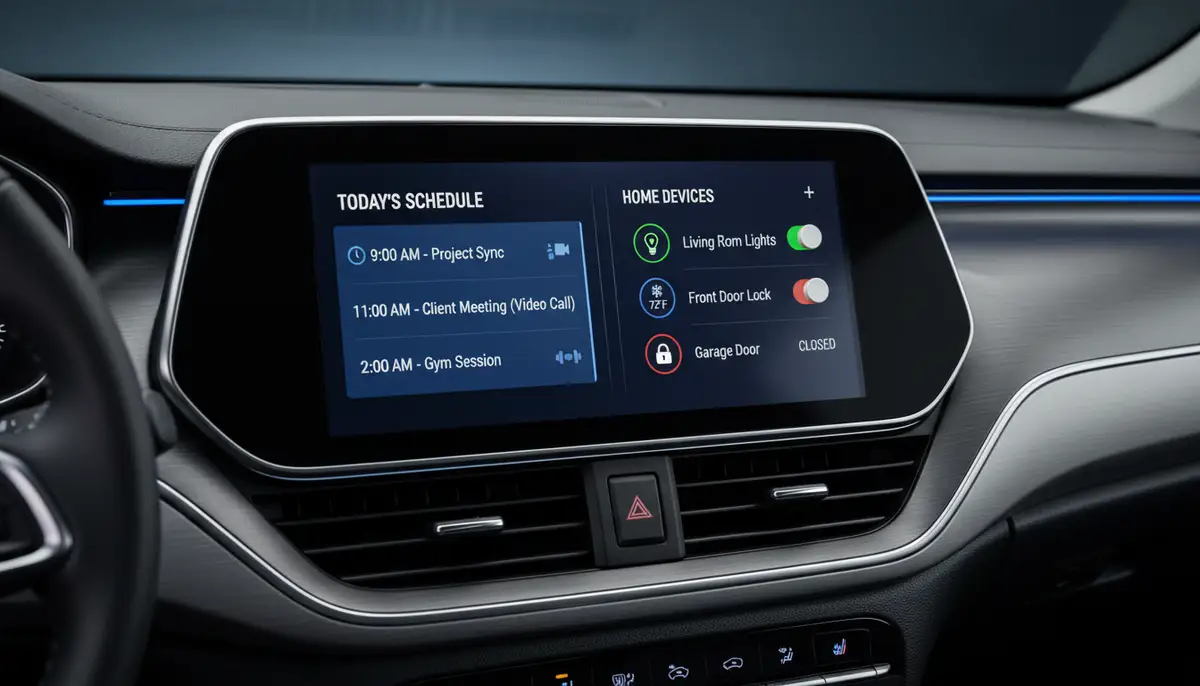 A split-screen view on an Android Auto display, one side showing a calendar or agenda android auto widget, the other showing a smart home control widget, demonstrating multi-tasking capabilities., high-quality photography, professional lighting, sharp focus, realistic, detailed
