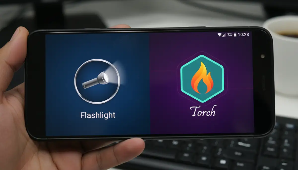 A split-screen view on an Android phone, one side showing a basic flashlight widget, the other showing a customized widget with a different icon and color scheme., high-quality photography, professional lighting, sharp focus, realistic, detailed