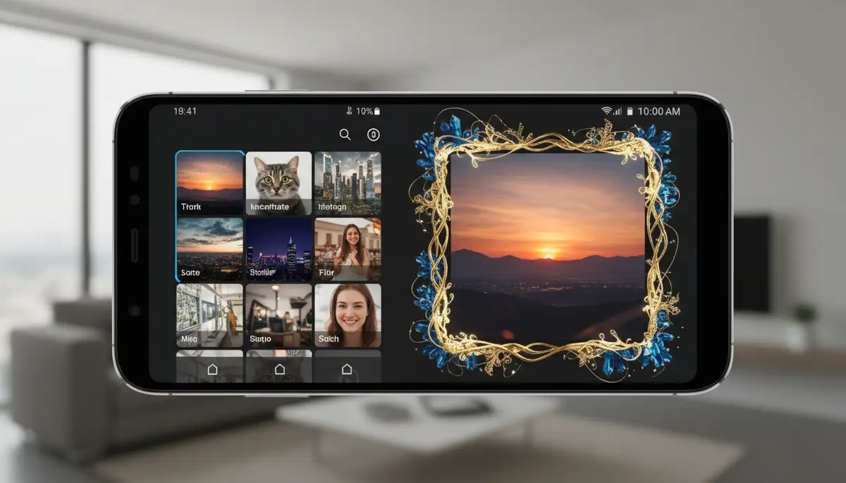 A split-screen view on an Android phone, one side showing a gallery of photos, the other side showing a customized image widget displaying one of those photos with a unique border., high-quality photography, professional lighting, sharp focus, realistic, detailed