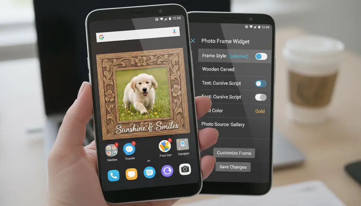 A split-screen view on an Android phone, one side showing a photo widget with a customizable frame and text, the other side showing the app's settings menu for editing the widget., high-quality photography, professional lighting, sharp focus, realistic, detailed