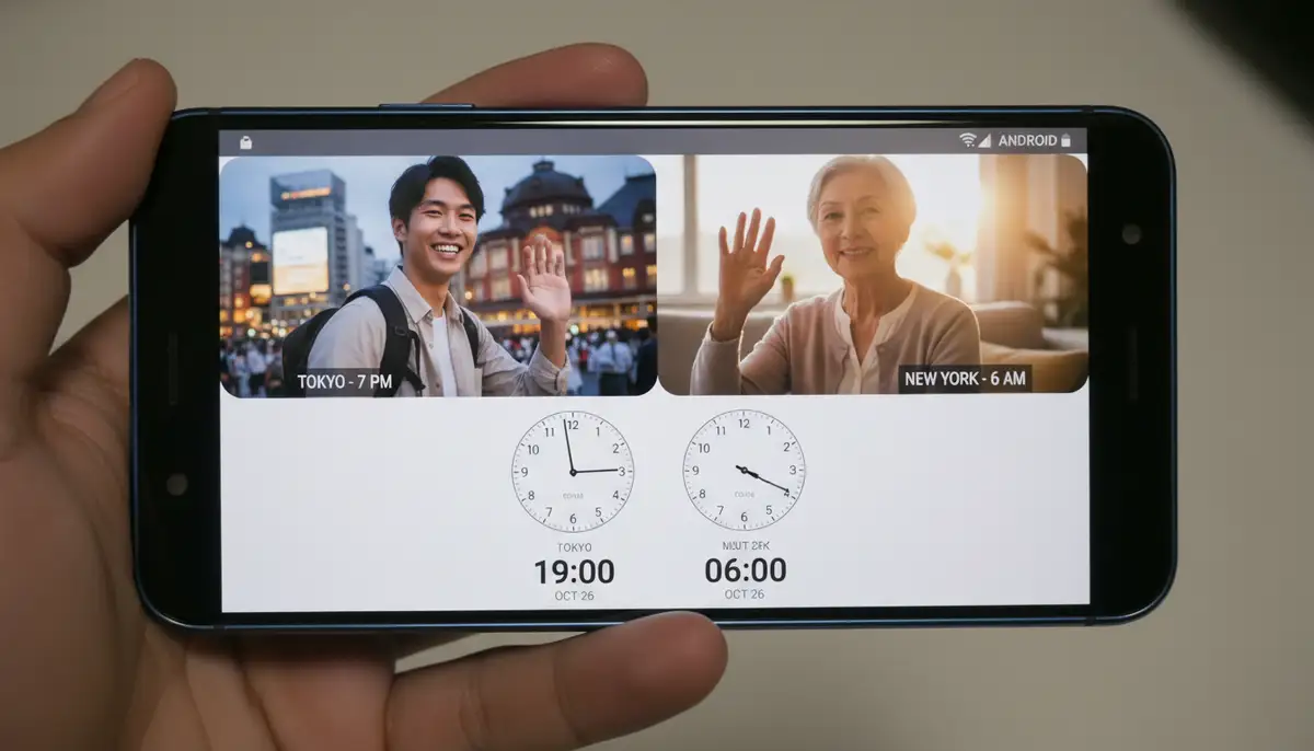 A split-screen view on an Android phone, one side showing a traveler on a video call with a family member in a different time zone, the other side clearly displaying a functional dual clock widget., high-quality photography, professional lighting, sharp focus, realistic, detailed