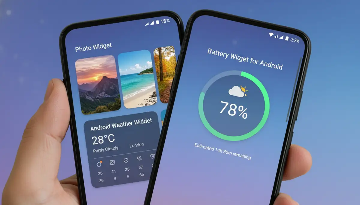 A split-screen view on an Android phone, one side showing a vibrant photo widget and a functional android weather widget, and the other side prominently featuring a battery widget for Android, emphasizing a cohesive home screen., high-quality photography, professional lighting, sharp focus, realistic, detailed