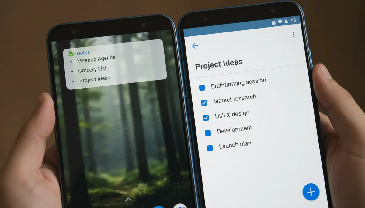 A split-screen view on an Android phone, showing a notes widget on the home screen and a related full note-taking app open, demonstrating seamless integration., high-quality photography, professional lighting, sharp focus, realistic, detailed