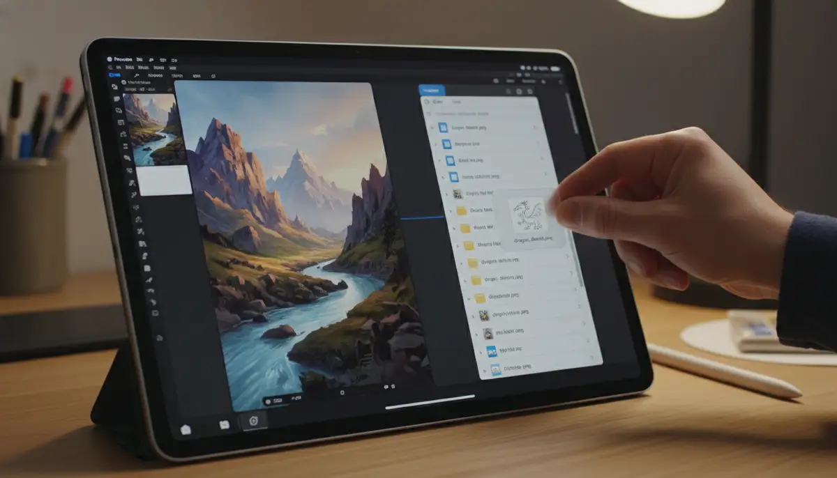 A split-screen view on an iPad showing the Procreate app on one side and the Files app on the other, with a file being dragged from Files into a Procreate canvas., high-quality photography, professional lighting, sharp focus, realistic, detailed