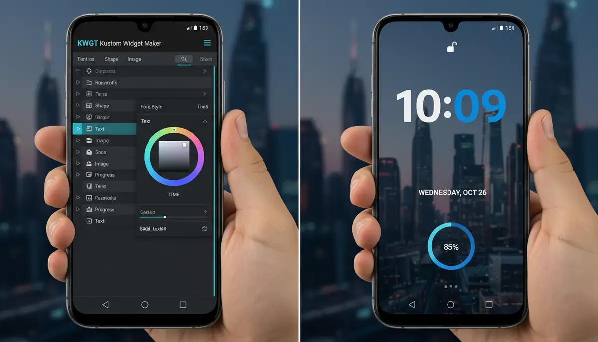 A split-screen view showing a user customizing a custom Android widget using a no-code app like KWGT on one side, and the live preview updating on the other., high-quality photography, professional lighting, sharp focus, realistic, detailed