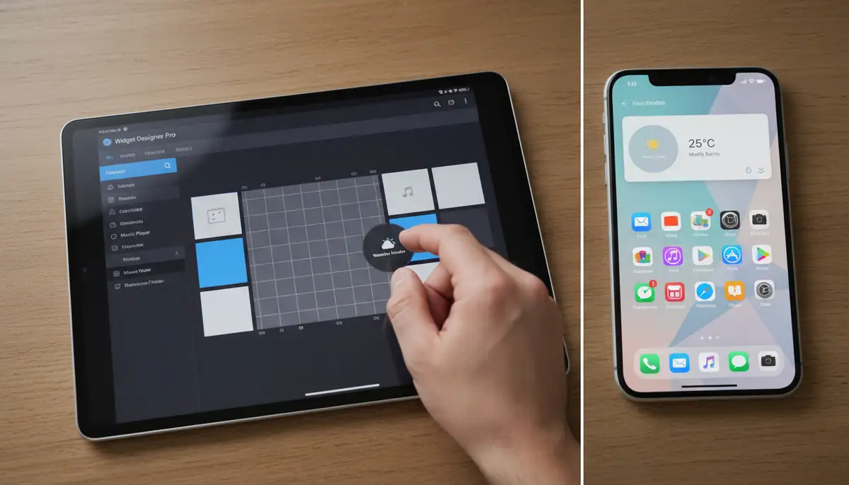 A split-screen view showing a user dragging and dropping elements within a widget editor app interface on one side, and the live updated widget on their home screen on the other side., high-quality photography, professional lighting, sharp focus, realistic, detailed