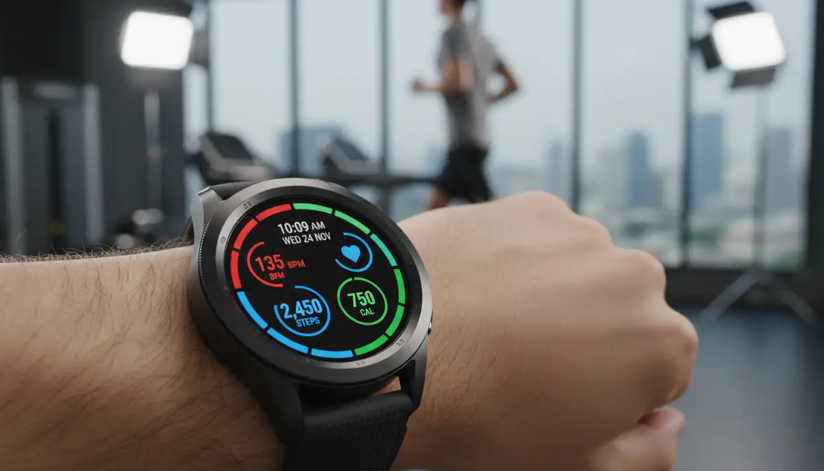 A sporty watch face on a Galaxy Watch 8 Classic, showing fitness trackers like heart rate and steps, with a blurred background of someone exercising., high-quality photography, professional lighting, sharp focus, realistic, detailed