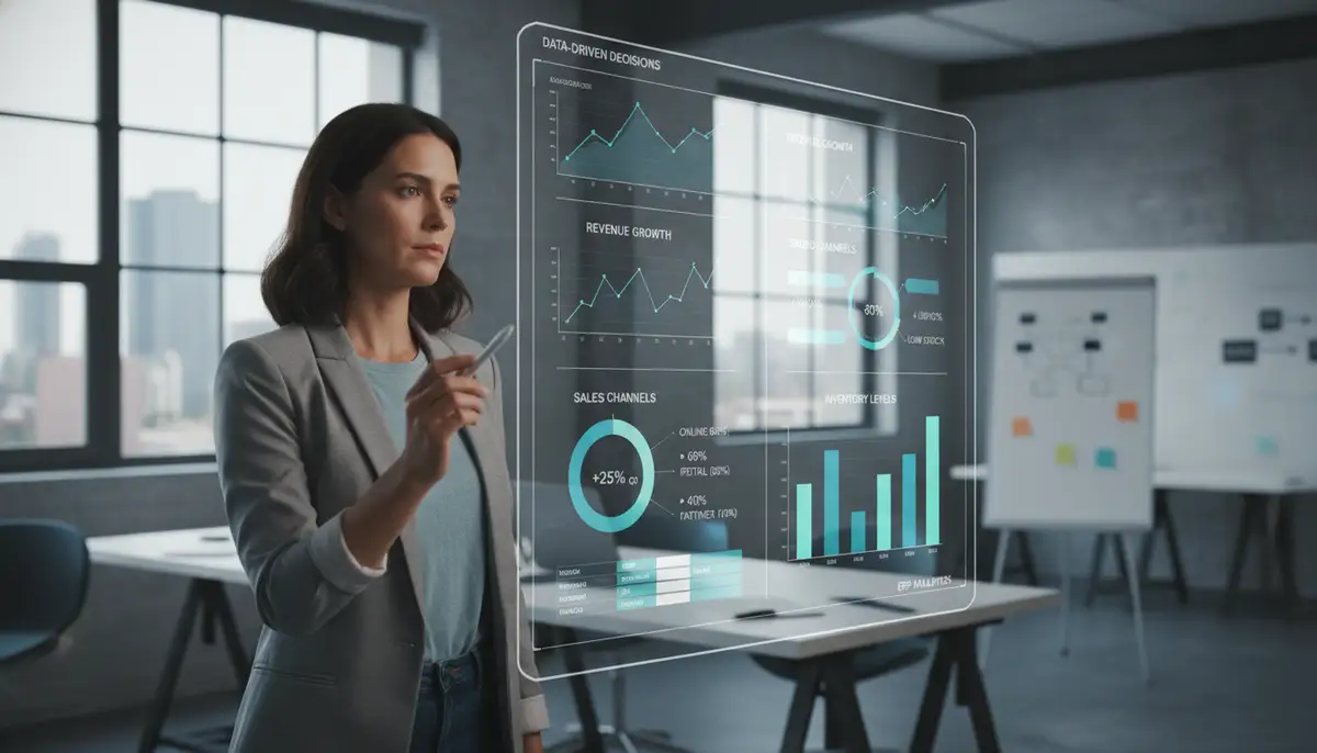 A startup founder looking at a dashboard with various metrics and charts, showing financial data, sales performance, and inventory levels, representing data-driven decision-making with an ERP.