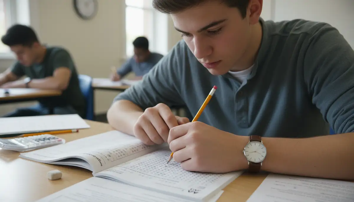 A student confidently taking the ACT exam, a simple, non-smartwatch visible on their wrist, focused on their test paper., high-quality photography, professional lighting, sharp focus, realistic, detailed