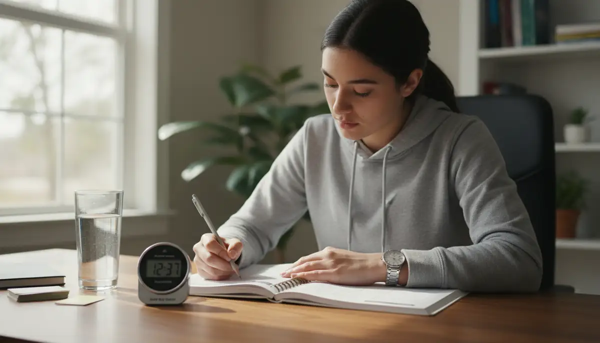 A student practicing ACT questions at a desk with a watch and a timer, demonstrating effective time management., high-quality photography, professional lighting, sharp focus, realistic, detailed