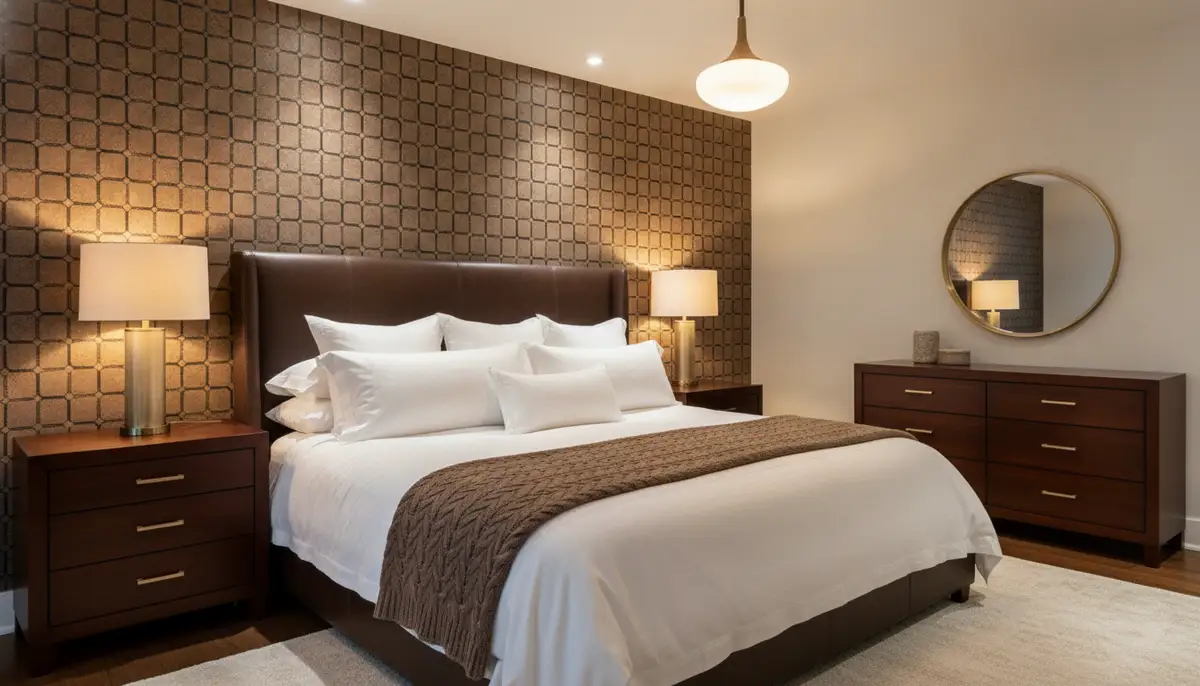 A stylish bedroom with a textured brown and black wallpaper behind the headboard, complemented by dark wood furniture, crisp white bedding, and warm, inviting lighting., high-quality photography, professional lighting, sharp focus, realistic, detailed