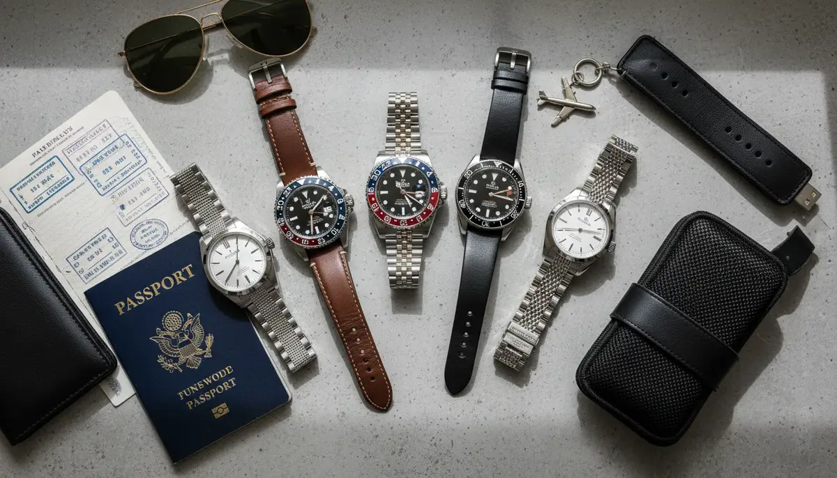 A stylish flat lay of various GMT watches from different brands, showcasing diverse designs and bezel colors, alongside a passport and travel accessories., high-quality photography, professional lighting, sharp focus, realistic, detailed