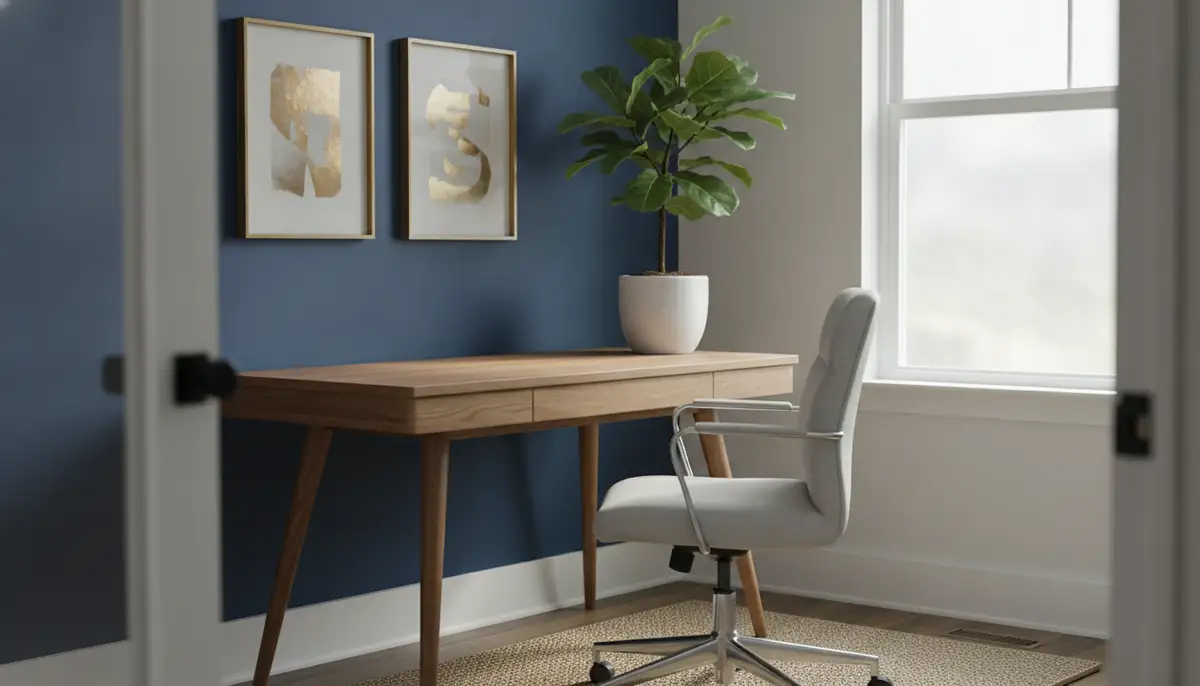 A stylish home office with a dark blue accent wall, featuring a minimalist desk, a plant, and natural light, promoting focus and calm., high-quality photography, professional lighting, sharp focus, realistic, detailed