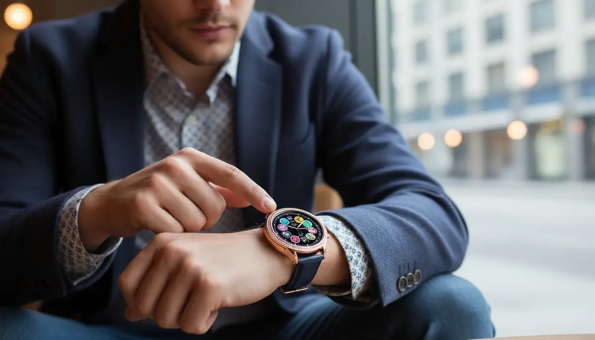 A stylish individual wearing a GUESS Connect smartwatch, looking at the customizable watch face options on the screen., high-quality photography, professional lighting, sharp focus, realistic, detailed