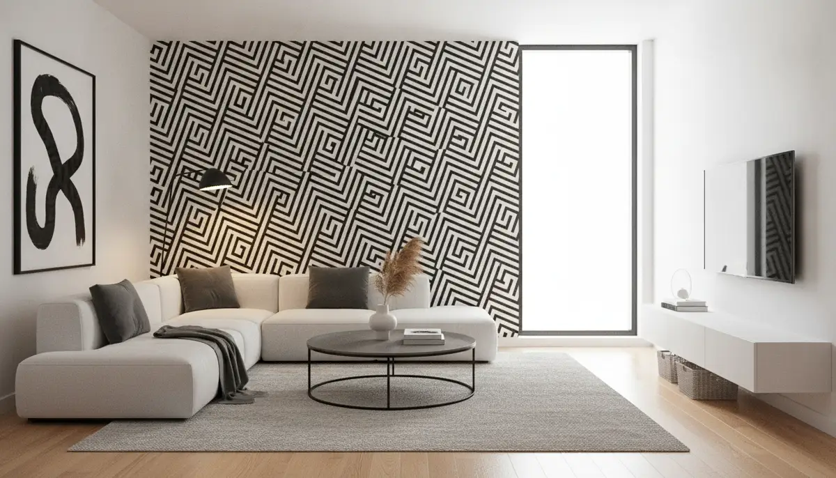 A stylish living room featuring a bold geometric black and white wallpaper accent wall, with minimalist furniture and natural light, 2025 aesthetic., high-quality photography, professional lighting, sharp focus, realistic, detailed
