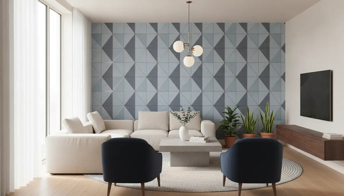 A stylish living room featuring a feature wall with subtle geometric blue and gray wallpaper, complemented by contemporary furniture and natural light., high-quality photography, professional lighting, sharp focus, realistic, detailed