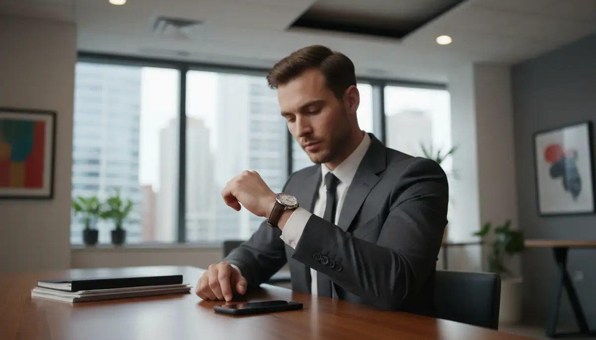A stylish person in a modern office setting, subtly checking a classic wristwatch while a smartphone lies nearby, untouched., high-quality photography, professional lighting, sharp focus, realistic, detailed