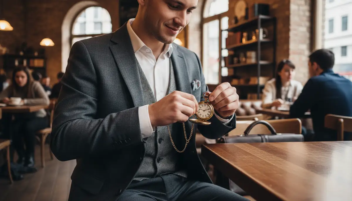 A stylish person in contemporary business attire subtly checking a heritage collection pocket watch, pulling it from a vest pocket, in a well-lit urban cafe setting., high-quality photography, professional lighting, sharp focus, realistic, detailed