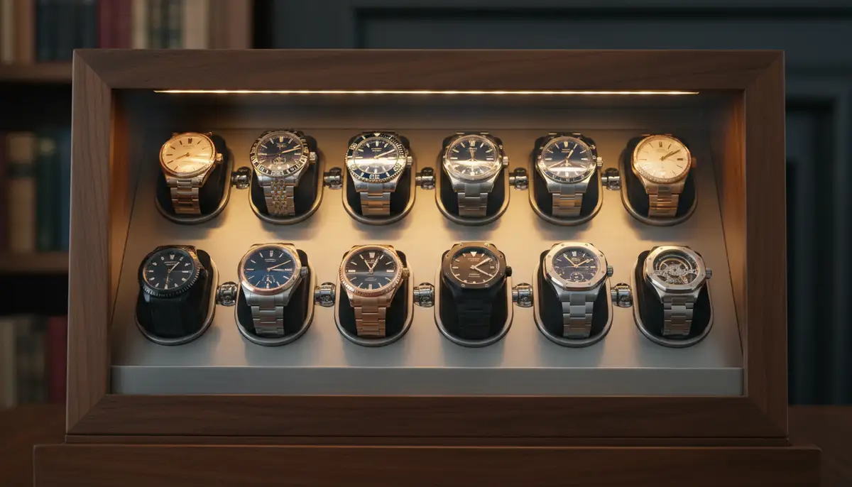 A stylish watch winder cabinet displaying several automatic watches, gently rotating to keep them wound., high-quality photography, professional lighting, sharp focus, realistic, detailed