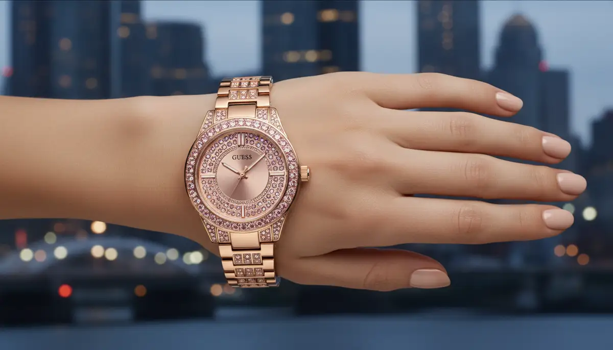 A stylish woman's hand adorned with a sparkling GUESS watch from the new collection, showcasing crystal embellishments and a rose gold finish, against a blurred city backdrop., high-quality photography, professional lighting, sharp focus, realistic, detailed