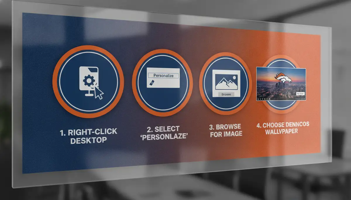 A stylized graphic illustrating the steps to change a desktop wallpaper on a generic operating system, with a Denver Broncos theme., high-quality photography, professional lighting, sharp focus, realistic, detailed