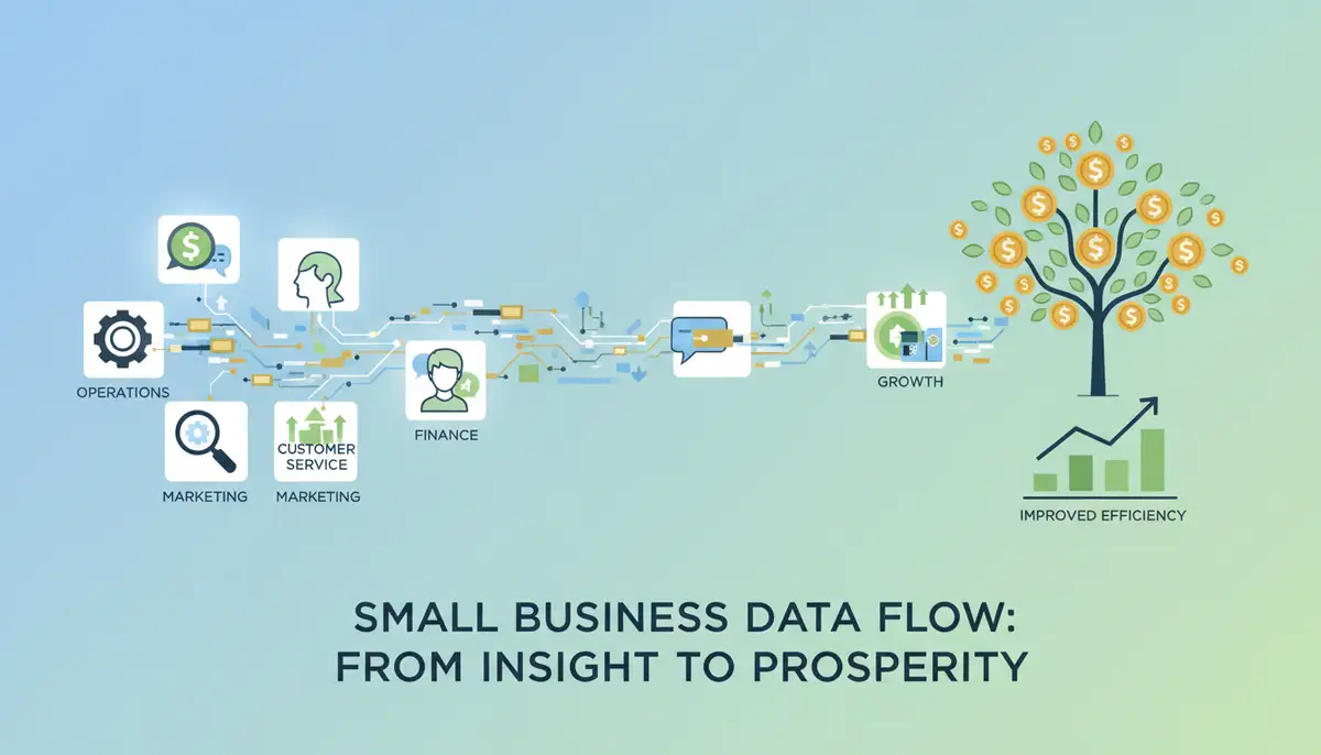 A stylized graphic showing data flowing smoothly through various business functions, leading to improved efficiency and growth for a small business.