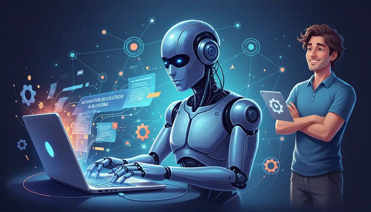 A stylized illustration of an AI robot writing blog content on a laptop, with a happy app developer observing, symbolizing automation., high-quality photography, professional lighting, sharp focus, realistic, detailed
