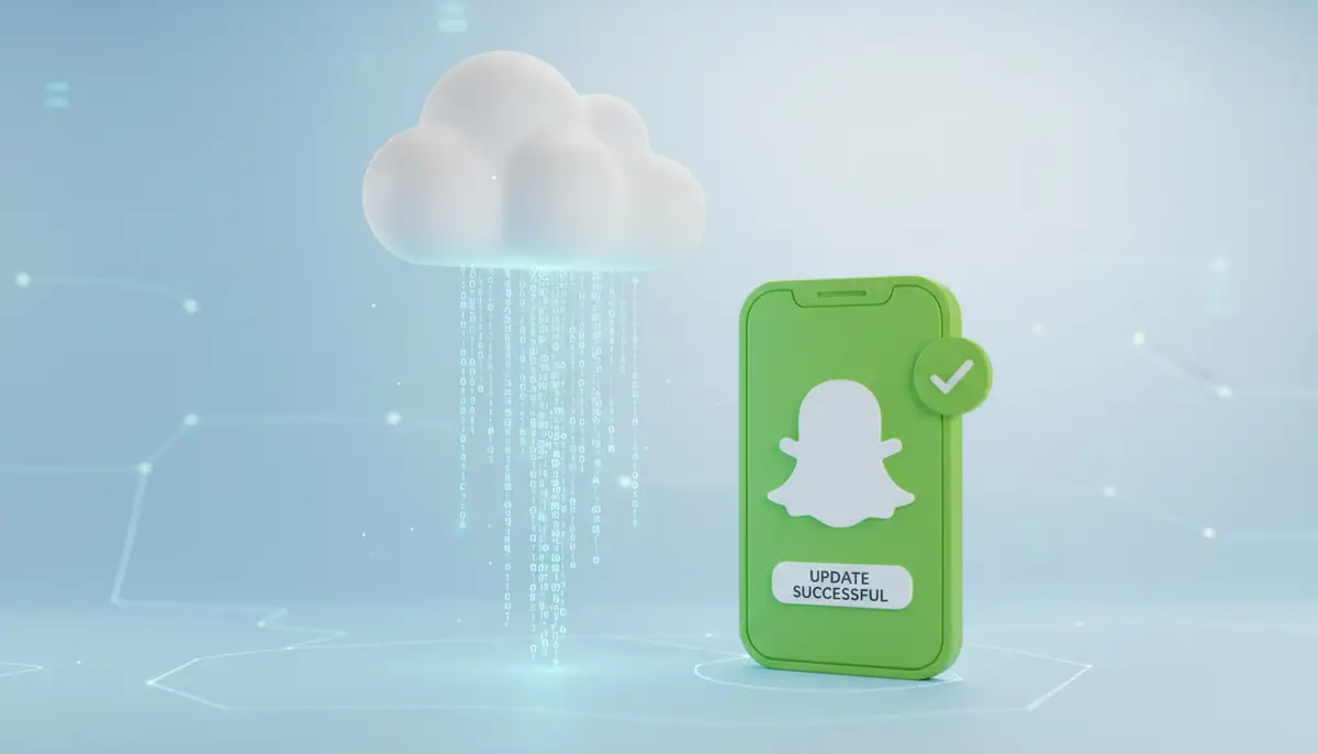 A stylized illustration showing data flowing from a cloud icon to an Android phone icon, representing a successful app update, with Snapchat logo visible., high-quality photography, professional lighting, sharp focus, realistic, detailed