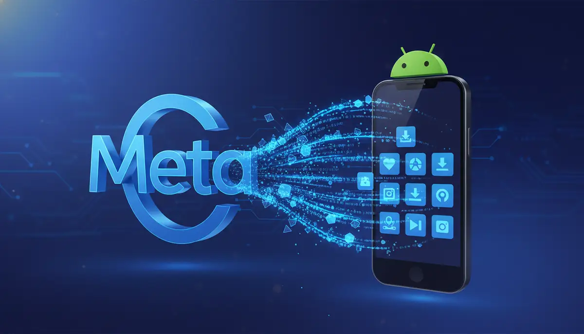 A stylized illustration showing data flowing from a Meta logo into an Android phone icon, representing app installation and updates., high-quality photography, professional lighting, sharp focus, realistic, detailed