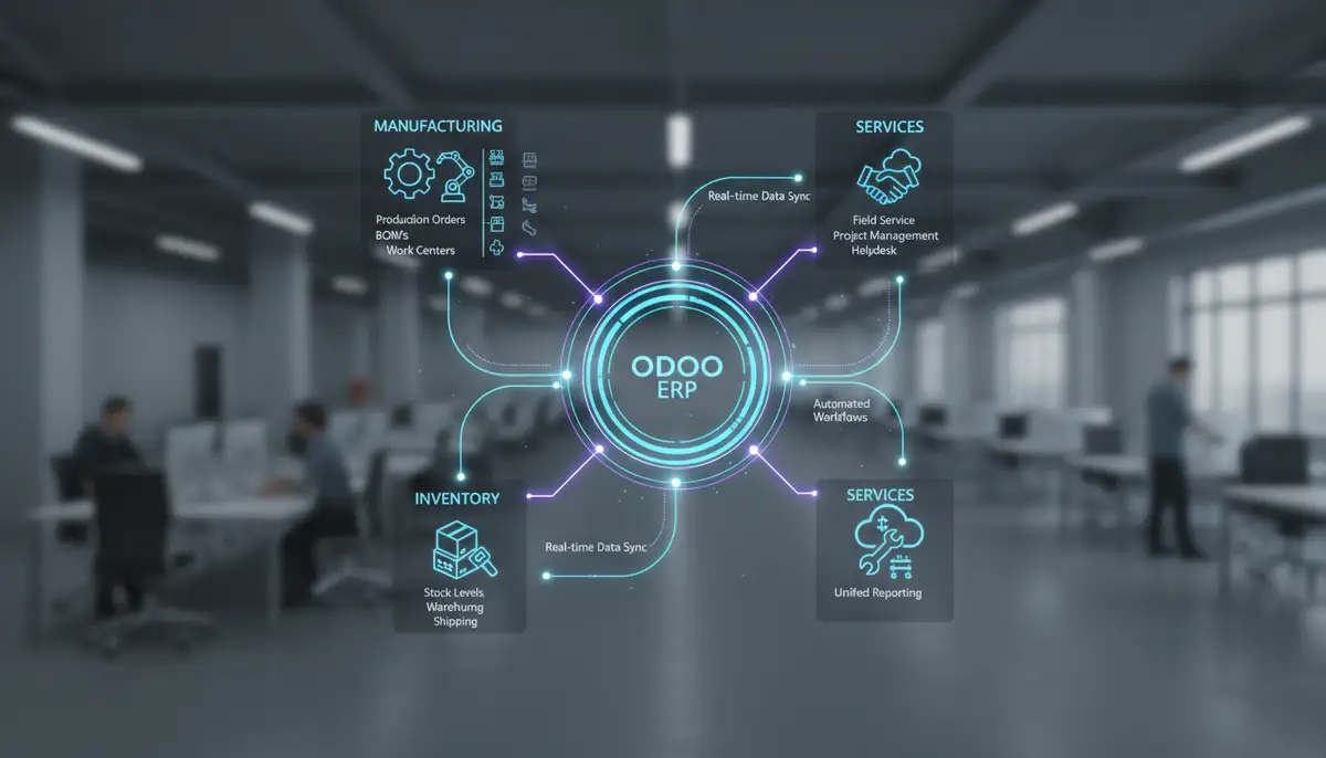 A stylized Odoo interface showing integrated modules for manufacturing, inventory, and services, highlighting how ERP connects different business functions.