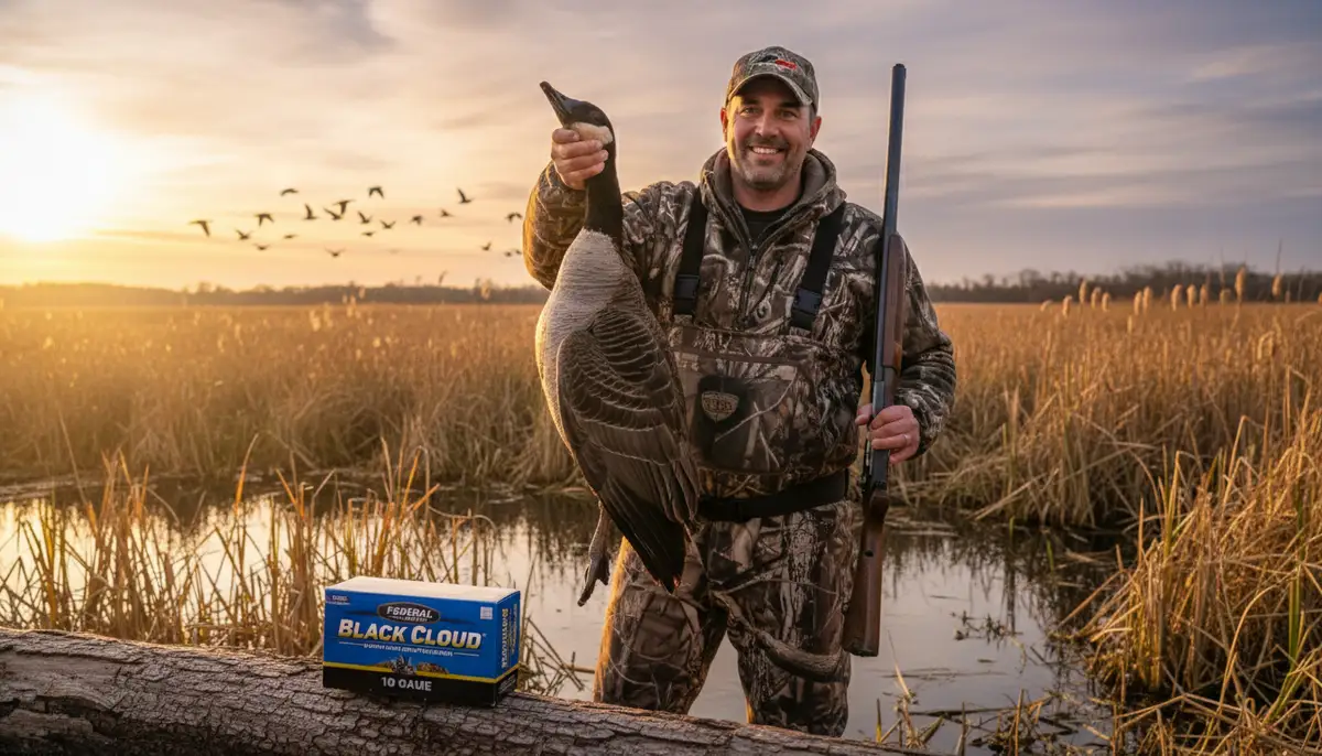 A successful waterfowl hunter proudly holding a harvested goose, with a 10 gauge Black Cloud box visible in the foreground, against a vibrant marshland backdrop., high-quality photography, professional lighting, sharp focus, realistic, detailed