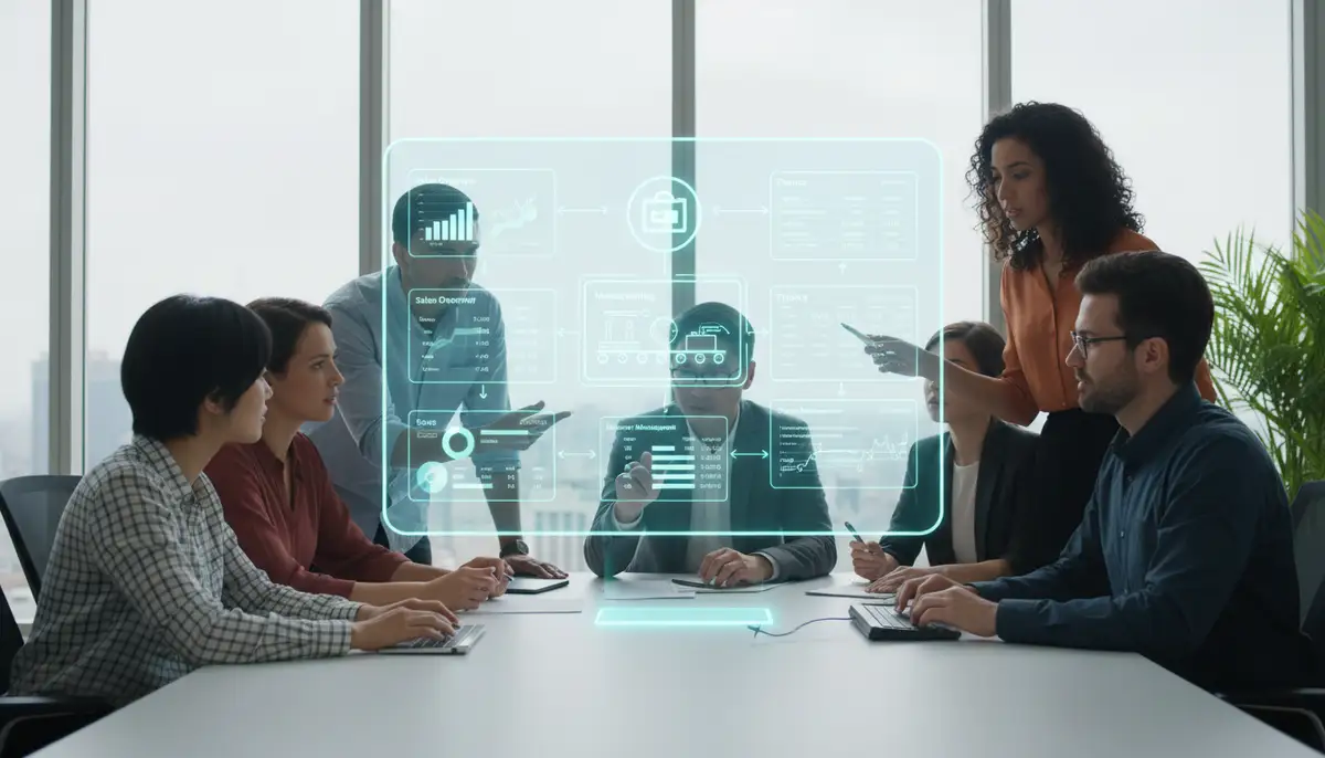 A team collaborating around a digital screen showing an integrated Odoo ERP interface, demonstrating unified business operations, bright and clear.