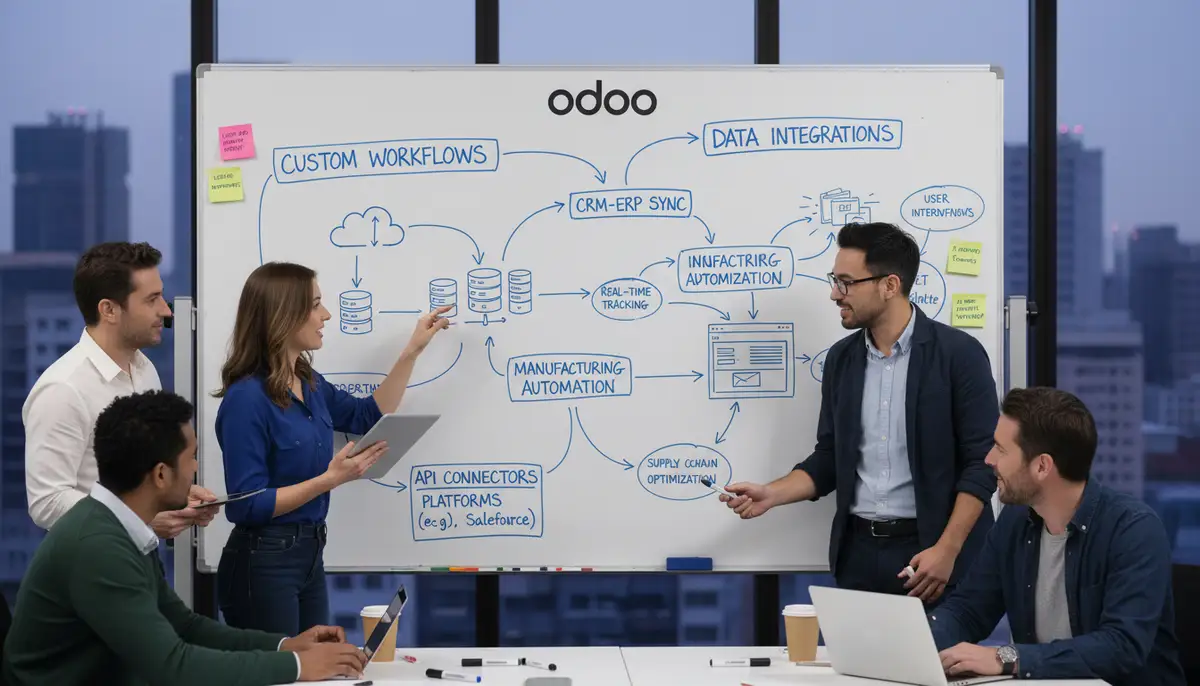 A team collaborating around a whiteboard, sketching out custom Odoo workflows and data integrations, showing problem-solving and innovation.
