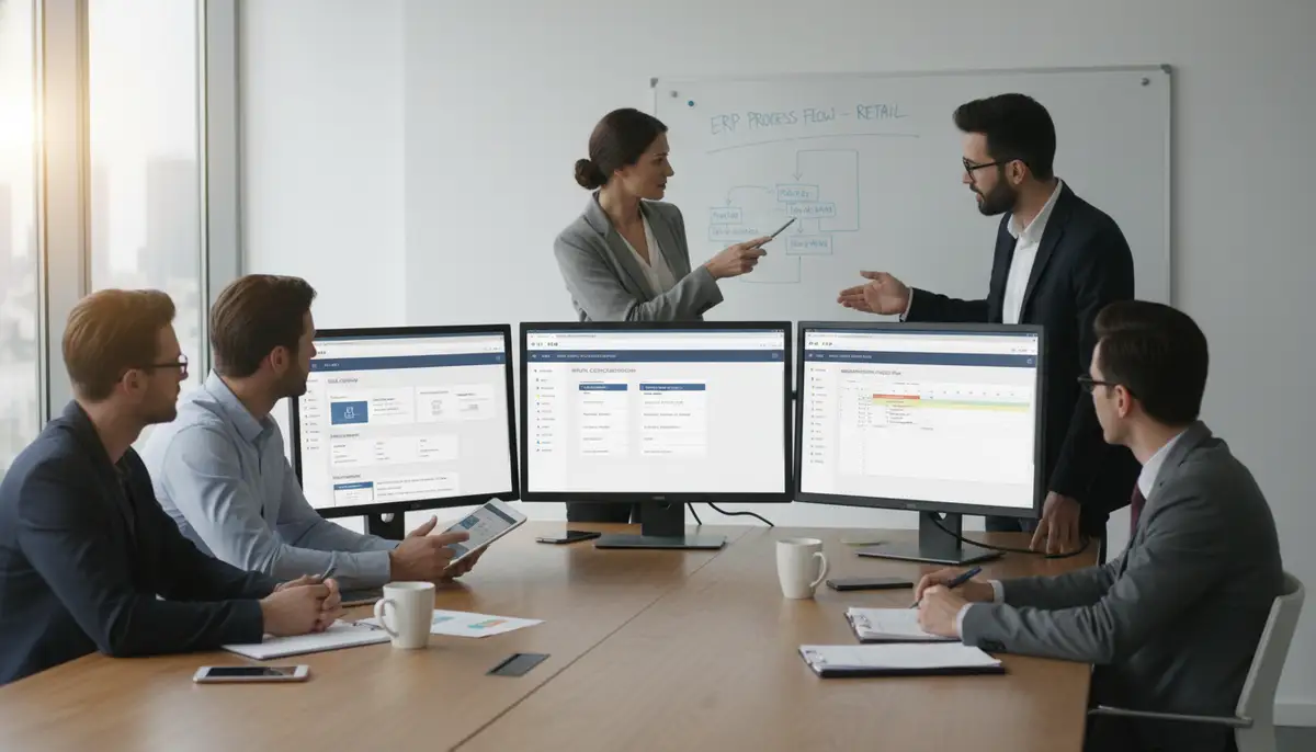 A team collaborating in an office, discussing ERP implementation strategies for a retail business, with Odoo interface elements visible on screens.
