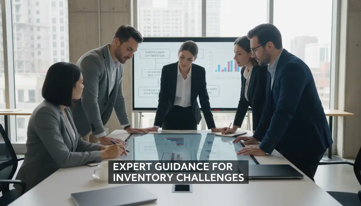 A team of consultants collaborating with a client in a modern office, discussing inventory challenges and solutions, highlighting expert guidance.