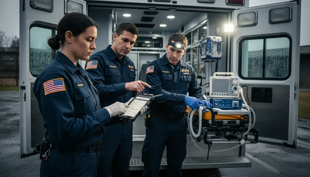 A team of emergency responders reviewing a critical airway management checklist on a ruggedized smartphone, preparing for a patient transport in an ambulance., high-quality photography, professional lighting, sharp focus, realistic, detailed