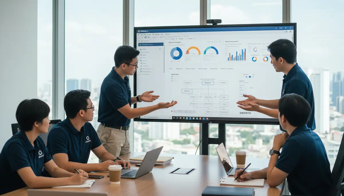 A team of Odiware consultants collaborating around a large screen, reviewing Odoo database reports and discussing strategic business decisions, highlighting expert partnership.