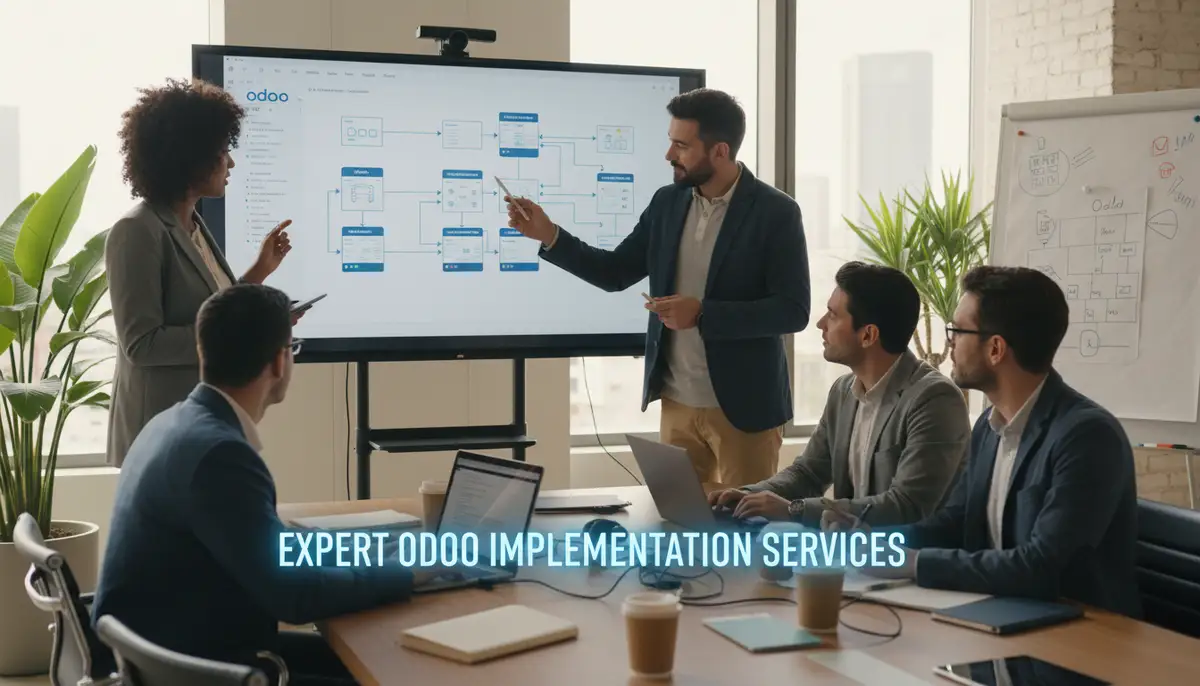 A team of Odoo consultants collaborating, reviewing integration architecture diagrams on a large screen, signifying expert implementation services.