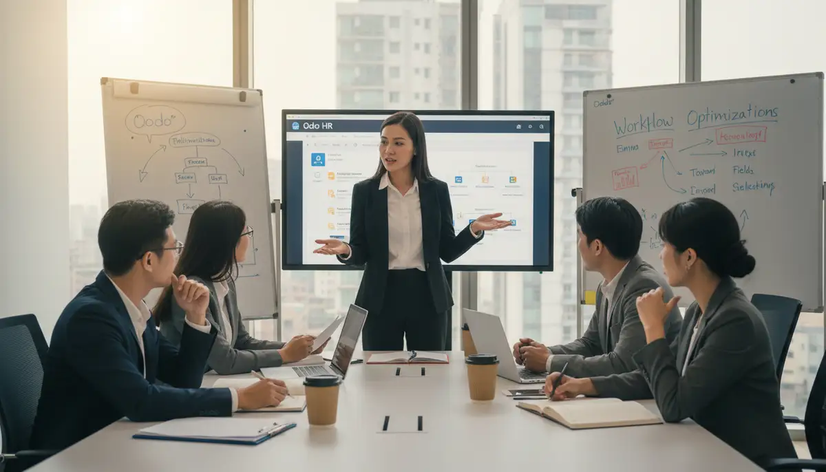 A team of Odoo consultants collaborating with a client, illustrating expert guidance during HRMS implementation and customization.