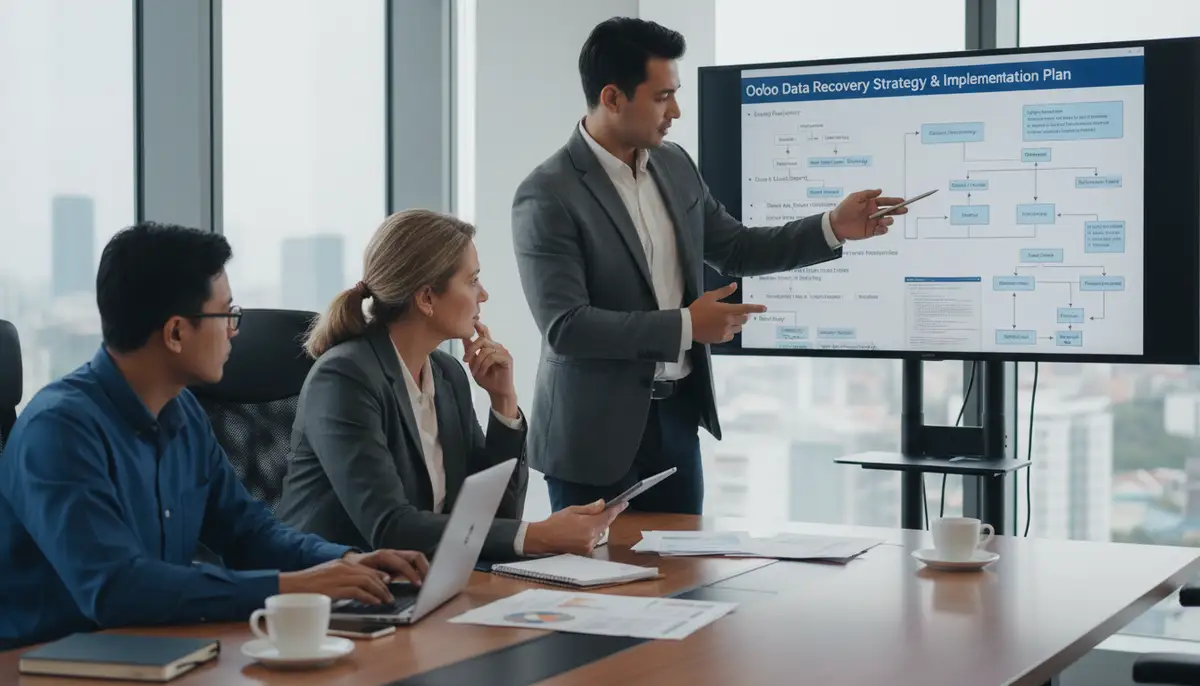A team of Odoo consultants collaborating with a client, reviewing a comprehensive data recovery plan on a large screen, showing expert guidance.