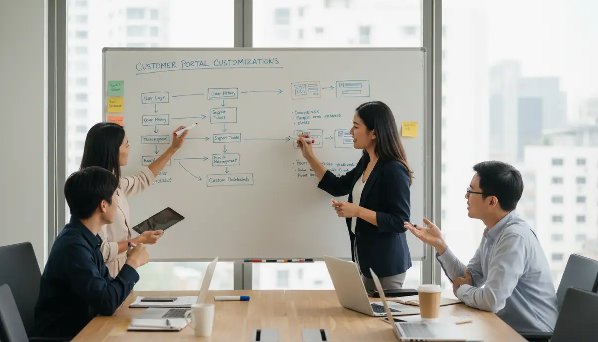 A team of Odoo consultants collaborating with a client, sketching out customization requirements for a customer portal on a whiteboard.