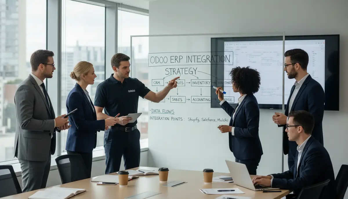 A team of Odoo consultants collaborating with business stakeholders, mapping out data flows and integration points on a whiteboard, showing strategic planning for Odoo ERP integration.