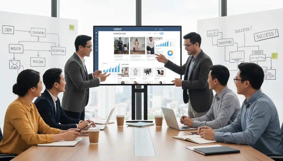 A team of Odoo consultants collaborating with clients, illustrating a successful Odoo implementation for an ecommerce platform.