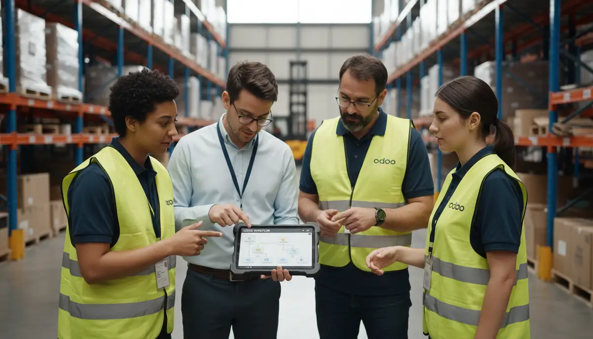 A team of Odoo consultants collaborating with warehouse managers, reviewing a digital workflow on a tablet, emphasizing partnership and expertise.