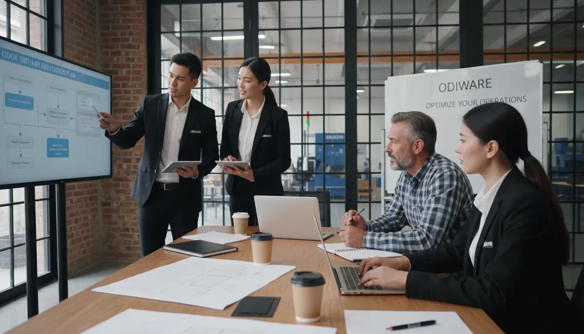 A team of Odoo consultants from Odiware collaborating with a small manufacturing business owner, reviewing ERP implementation plans on a large screen.