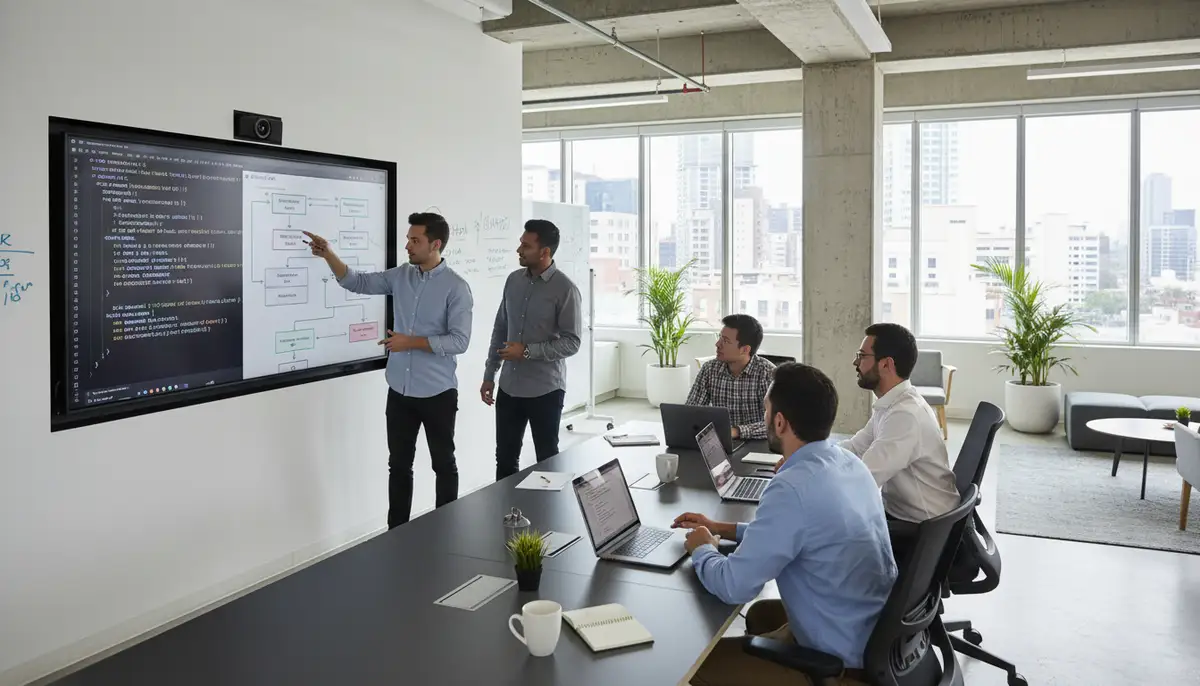 A team of Odoo developers collaborating around a screen, showing code and business process diagrams, in a modern office setting.